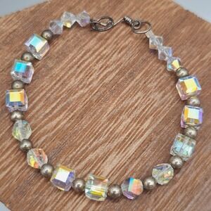 Vintage Aurora Borealis Bracelet Crystal Cube Bicone Dainty 6.5" Silver Tone